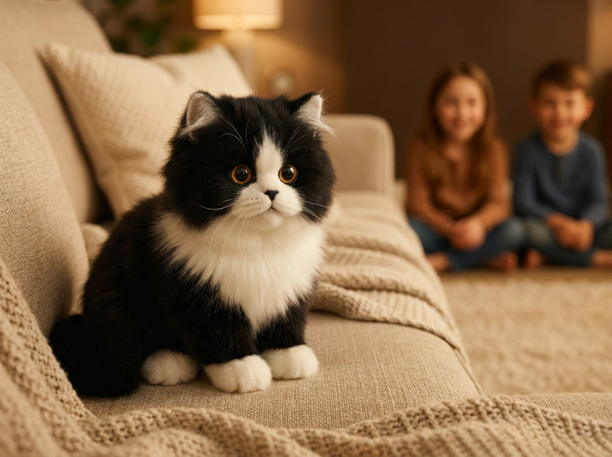Lifelike Black and White Plush Cat lifestyle