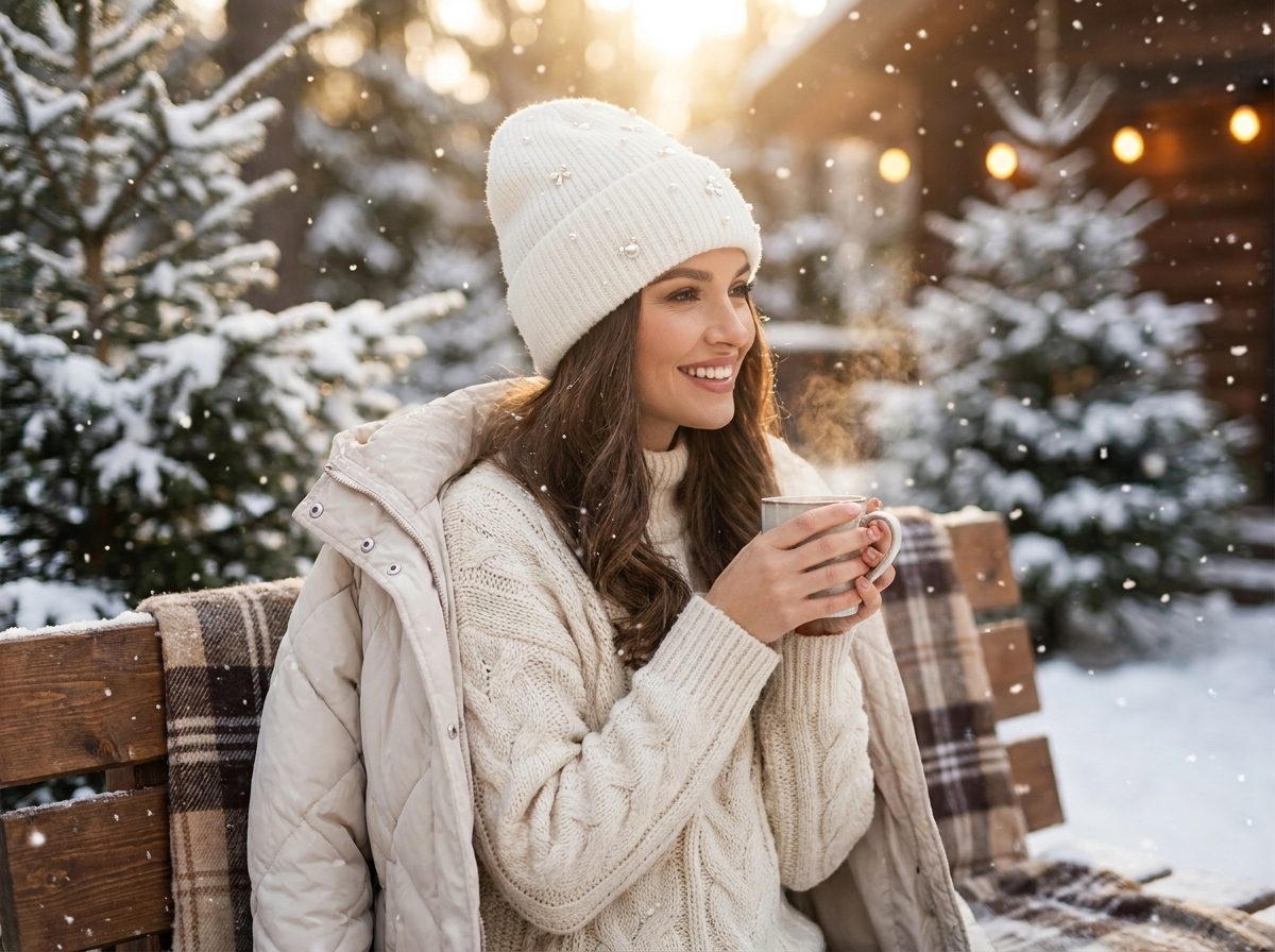 Pearl Accent Knit Beanie Winter Hat lifestyle