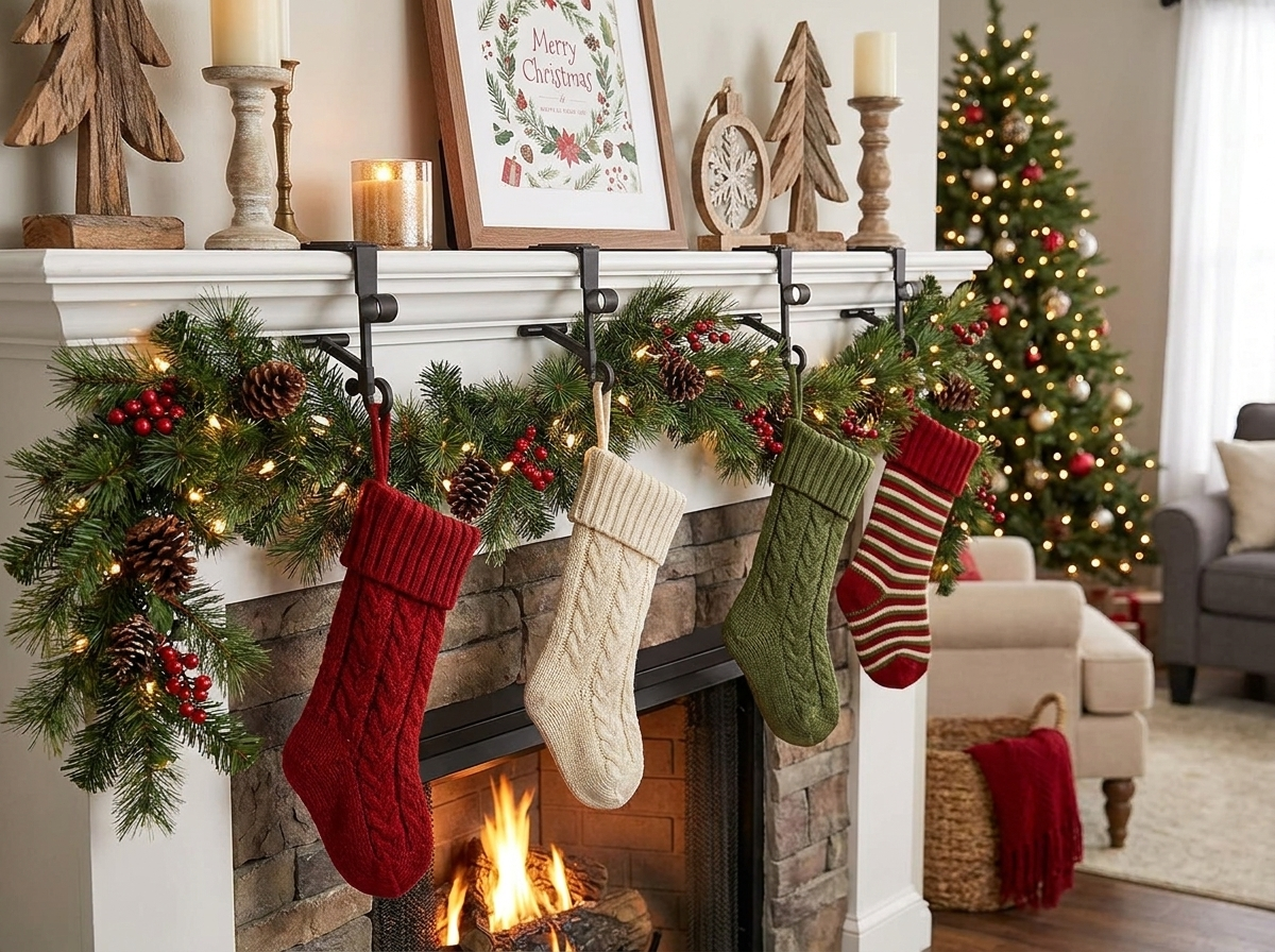 Adjustable Fireplace Stocking and Garland Hanger Set lifestyle