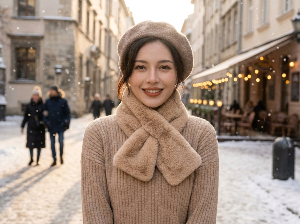Faux Fur Cross Collar Neck Warmer Winter Scarf lifestyle